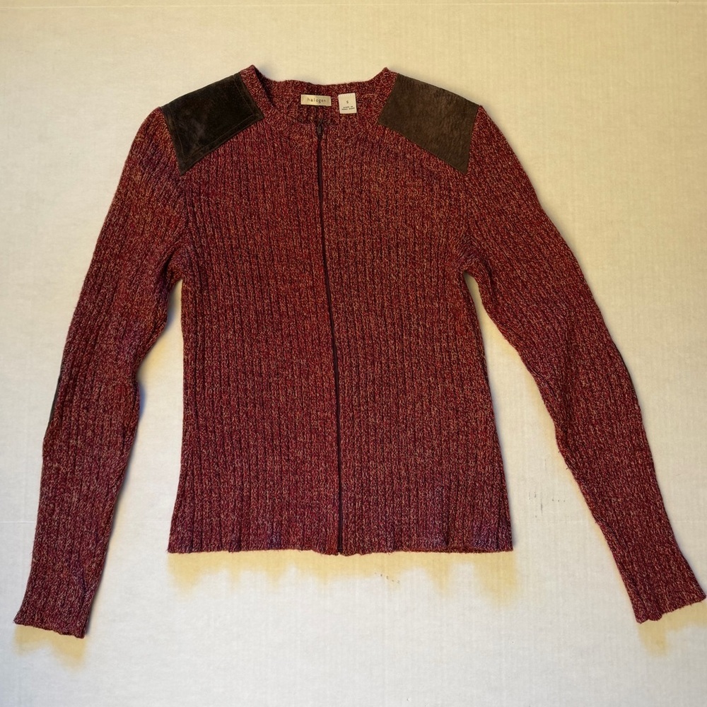 Halogen Maroon Full Zip Sweater with Genuine leather trim‎ patches Sz-S. EE14